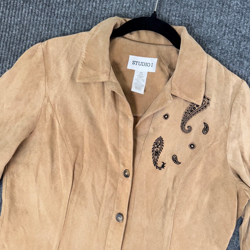 VTG Faux Suede Jacket Womens 8 Tan Brown Western Boho Embroidered Y2K Festival